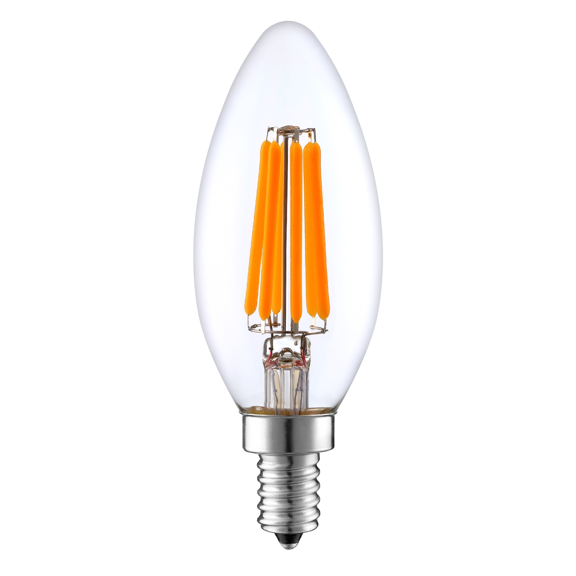 Clear C35 candle-shaped filament bulb with a screw base