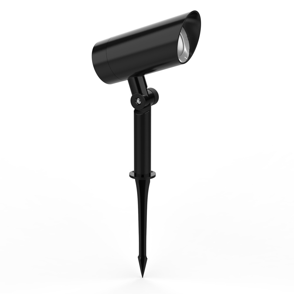 Black garden spotlight with an adjustable head and ground spike