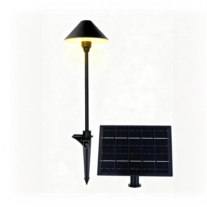 Illuminated garden stake lamp with a black conical shade beside a separate solar panel