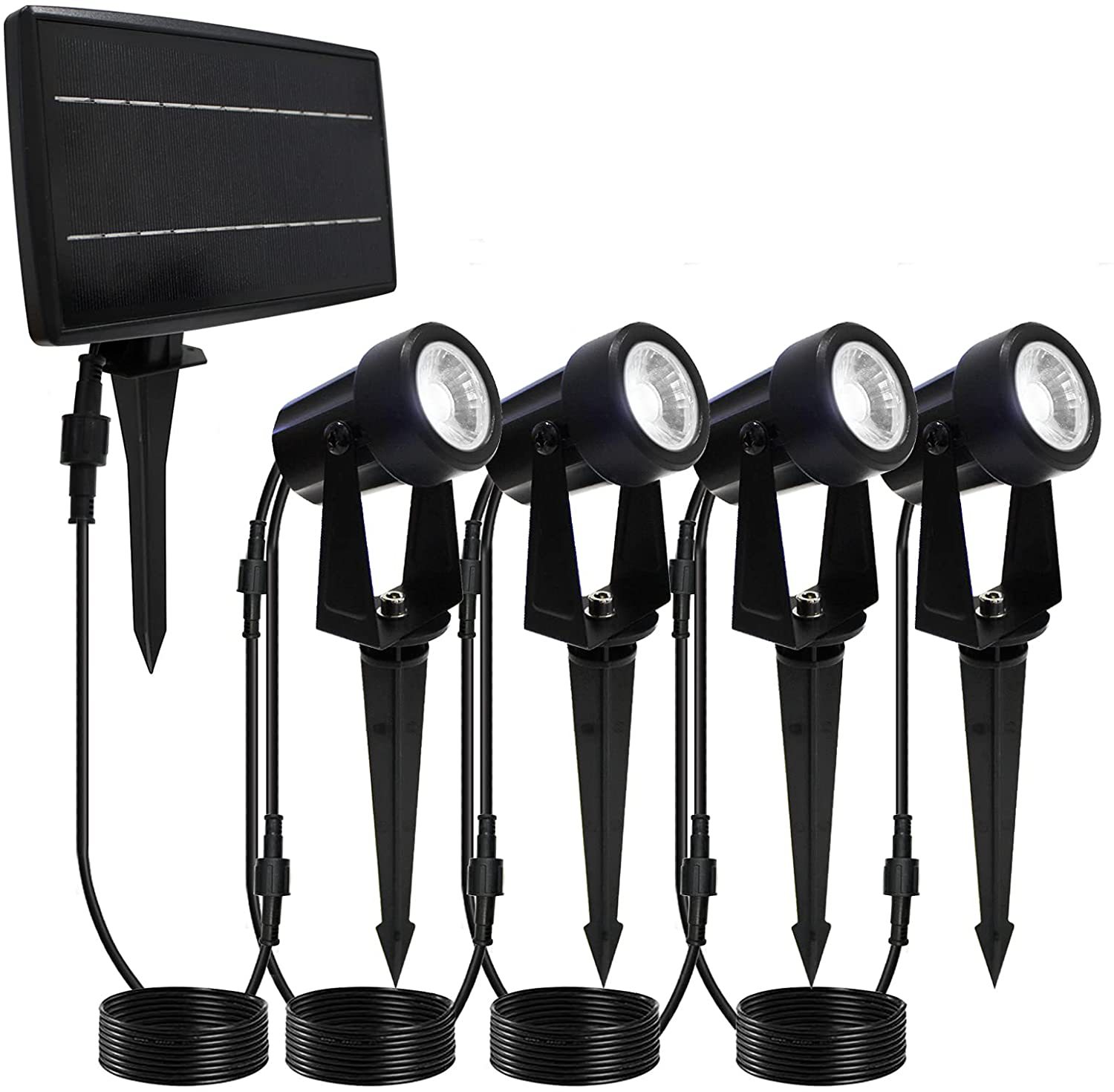 Four black garden spotlights on ground spikes, with separate cables and a solar panel