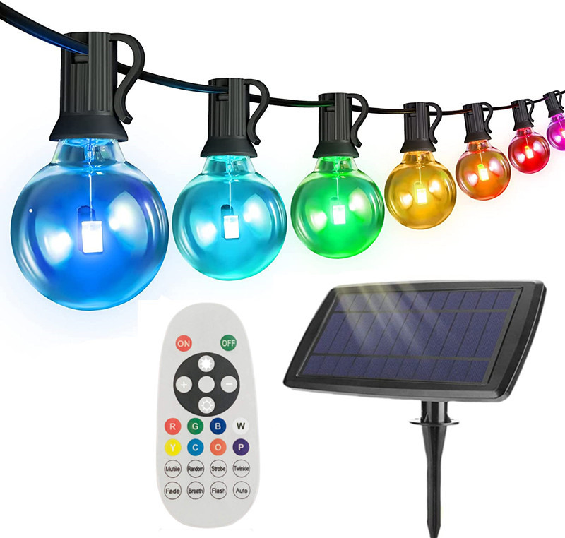 Colourful globe string lights with a solar panel and remote control