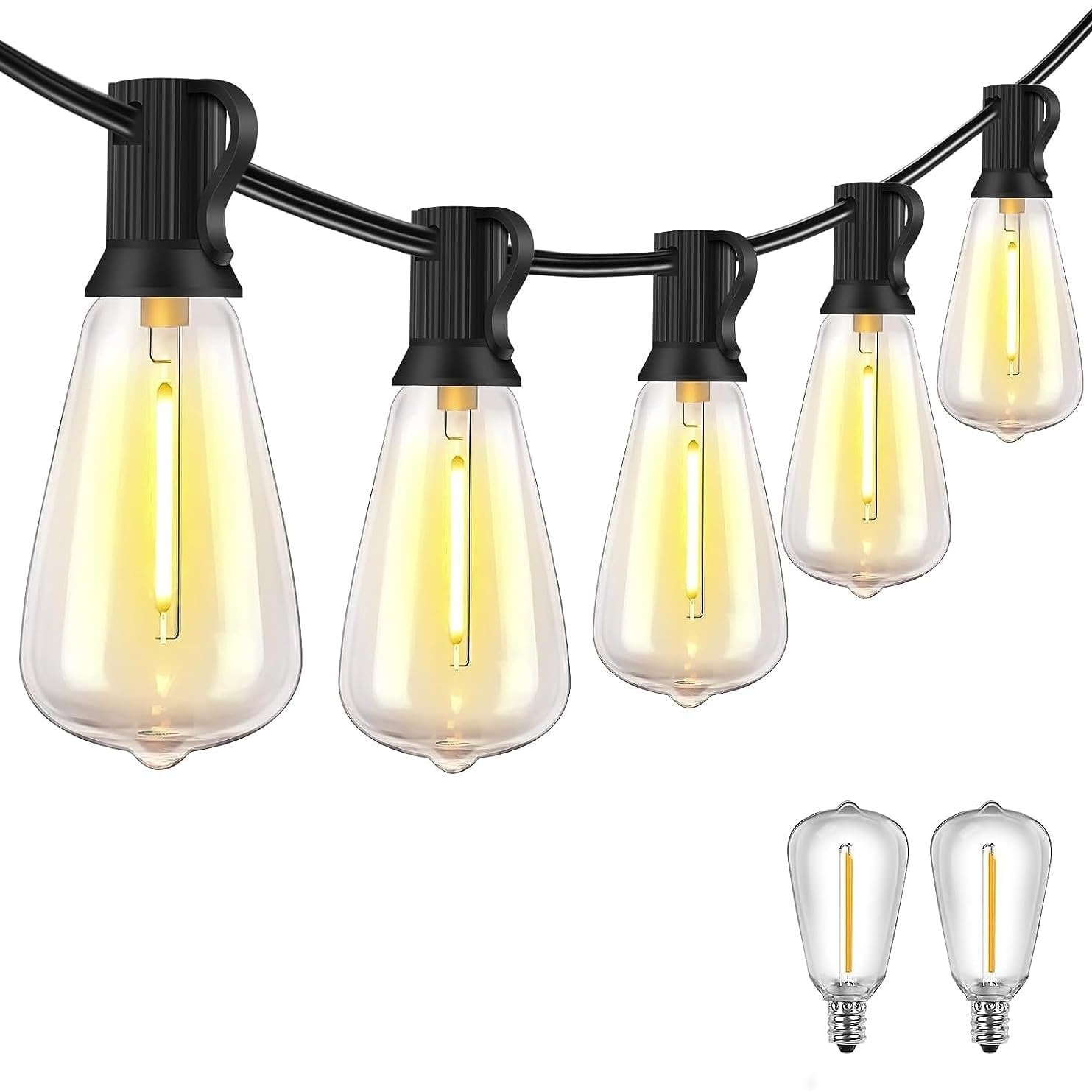 Five illuminated teardrop bulbs hanging from black cable, with two separate screw-base bulbs