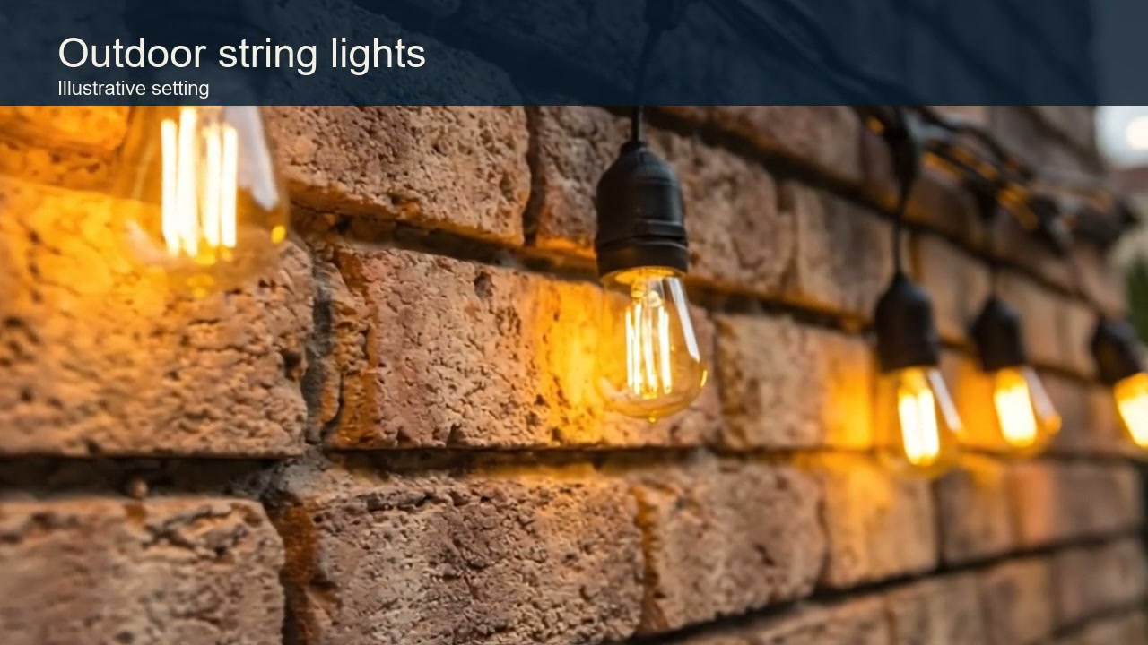 Illustrated warm outdoor string lights against a brick wall
